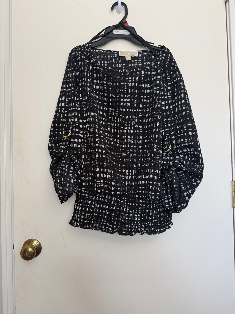 Michael Kors Black and White Textured Grid Peasant Blouse